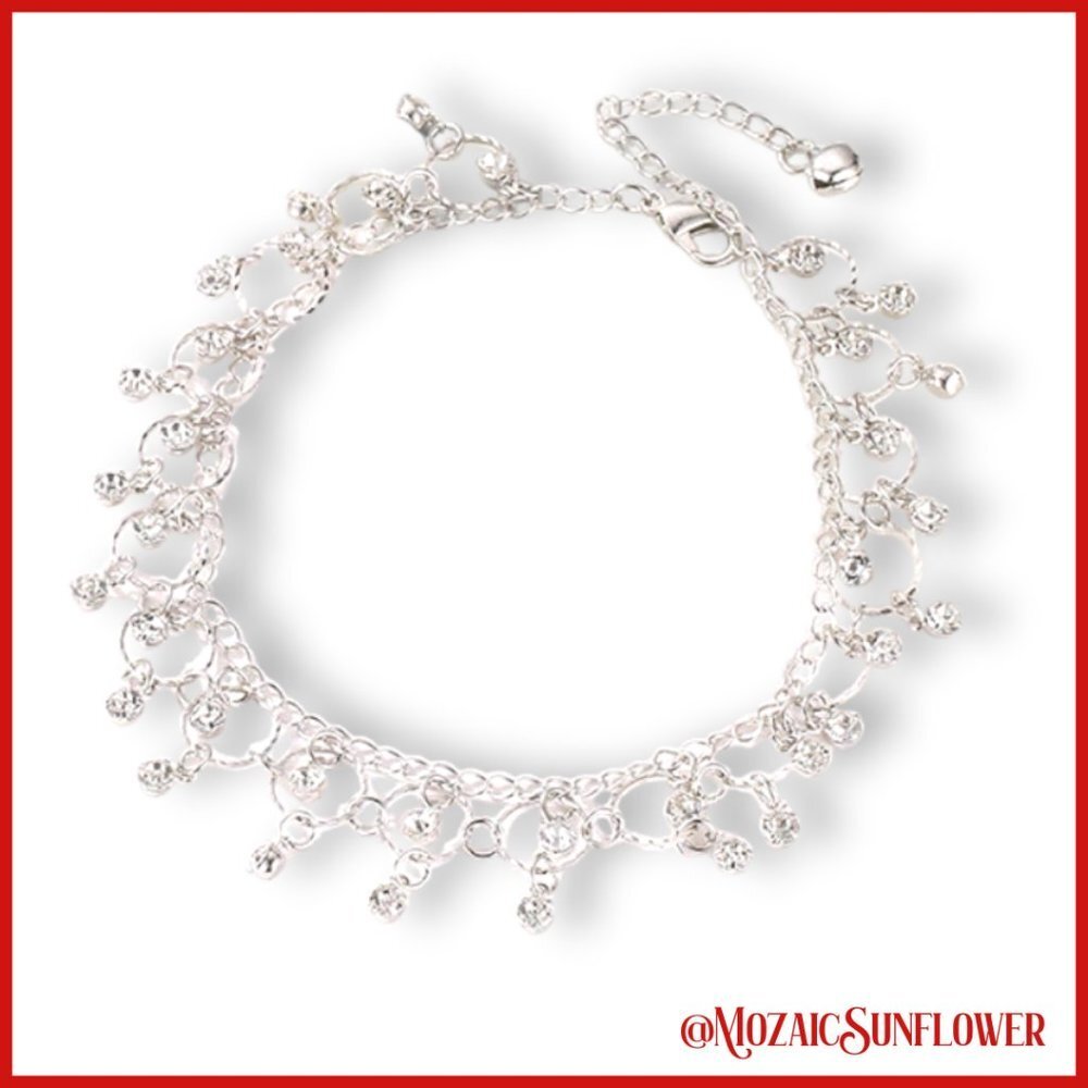 Ankle Bracelet Silver Tassel and Hoop White CZ With Extender Lobster Claw